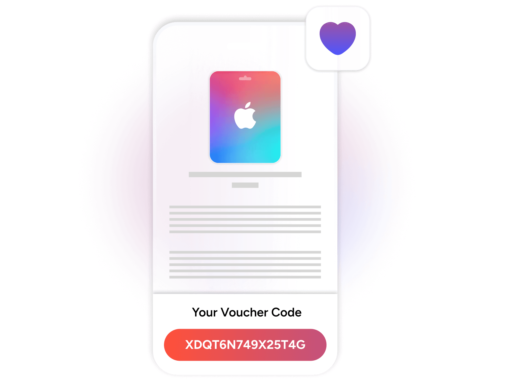 Voucher code screen displaying an Apple gift card image along with a voucher code 'XDQT6N749X25T4G' and a 'Your Voucher Code' label